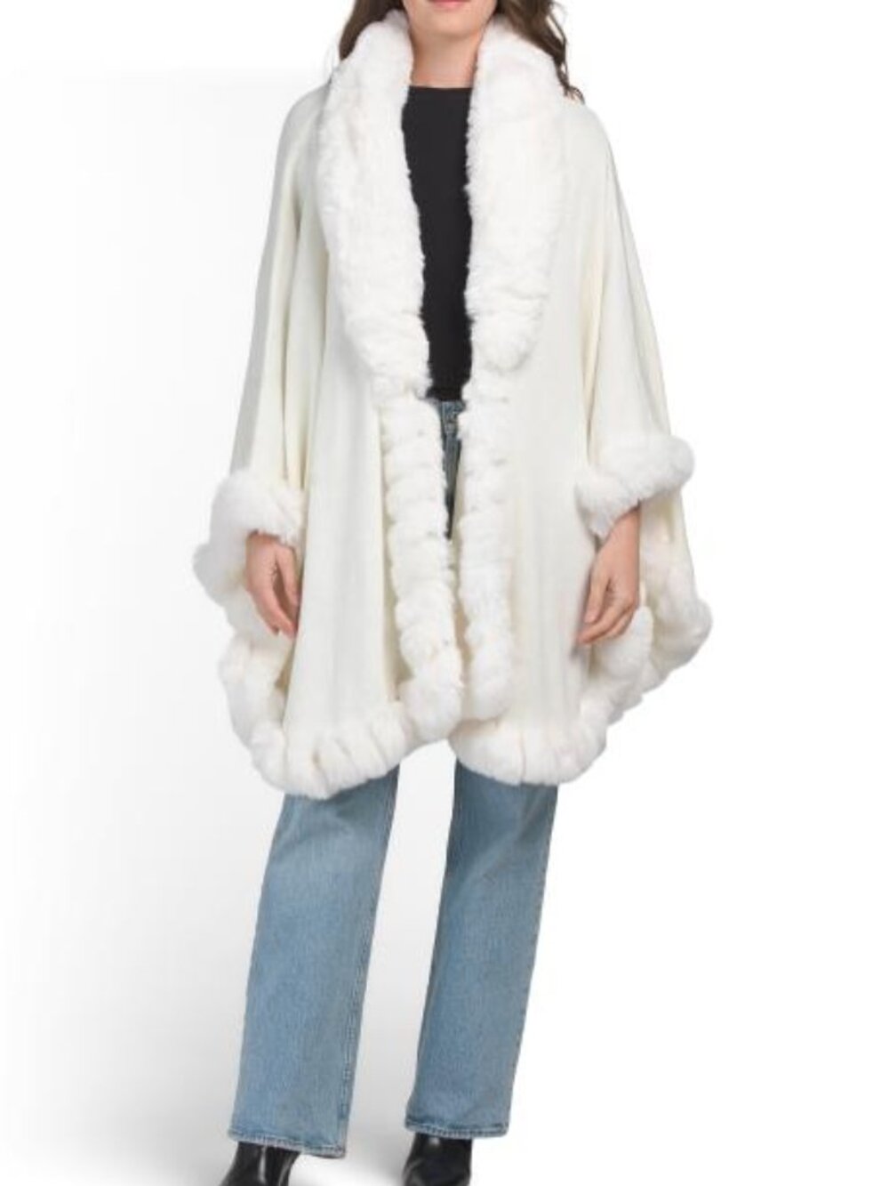 Max Studio Ivory Cape Sleeve Luxurious Faux-Fur Trim Ruana